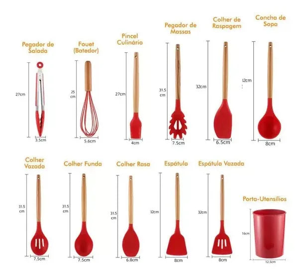 Kitchen Utensil Set Silicone Handle Wooden Non-Stick High Temperature 12 Piece Kit With Holder Spoon Spatula Picker Ladle Fue Brush Skimmer Anti-scratch Cup Cutlery CLAYMORE (Green)