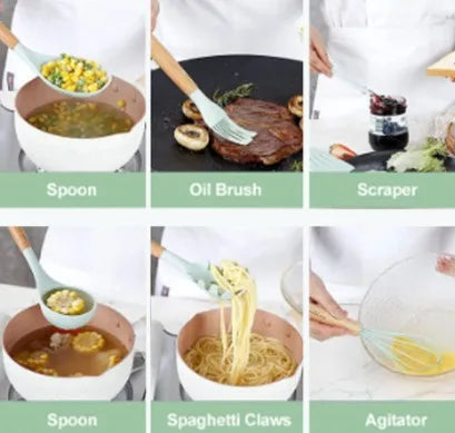 Kitchen Utensil Set Silicone Handle Wooden Non-Stick High Temperature 12 Piece Kit With Holder Spoon Spatula Picker Ladle Fue Brush Skimmer Anti-scratch Cup Cutlery CLAYMORE (Green)
