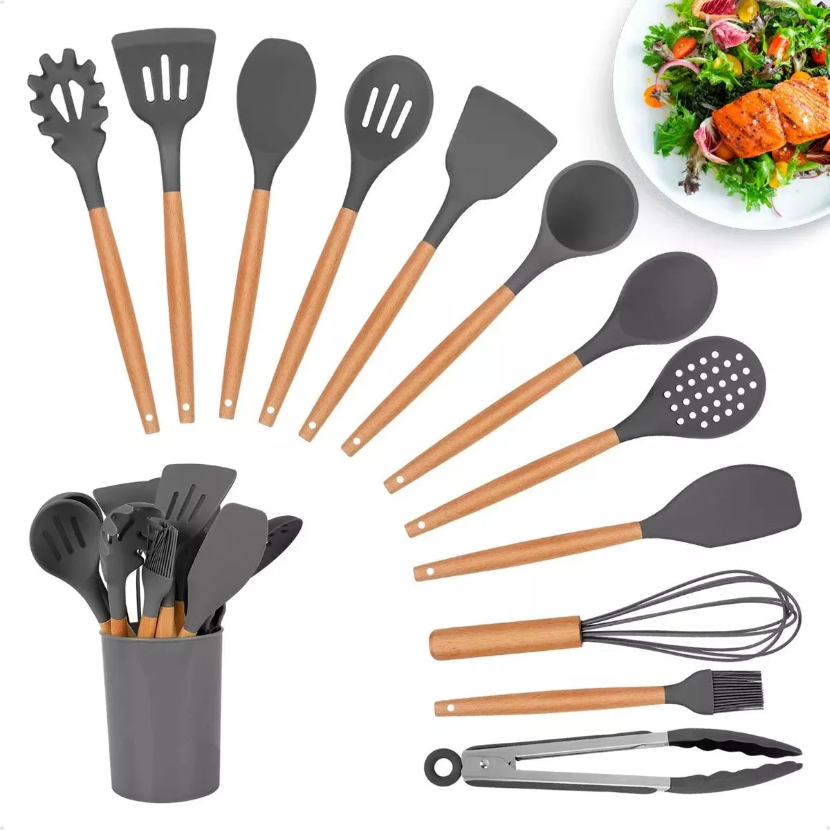Kitchen Utensil Set Silicone Handle Wooden Non-Stick High Temperature 12 Piece Kit With Holder Spoon Spatula Picker Ladle Fue Brush Skimmer Anti-scratch Cup Cutlery CLAYMORE (Green)
