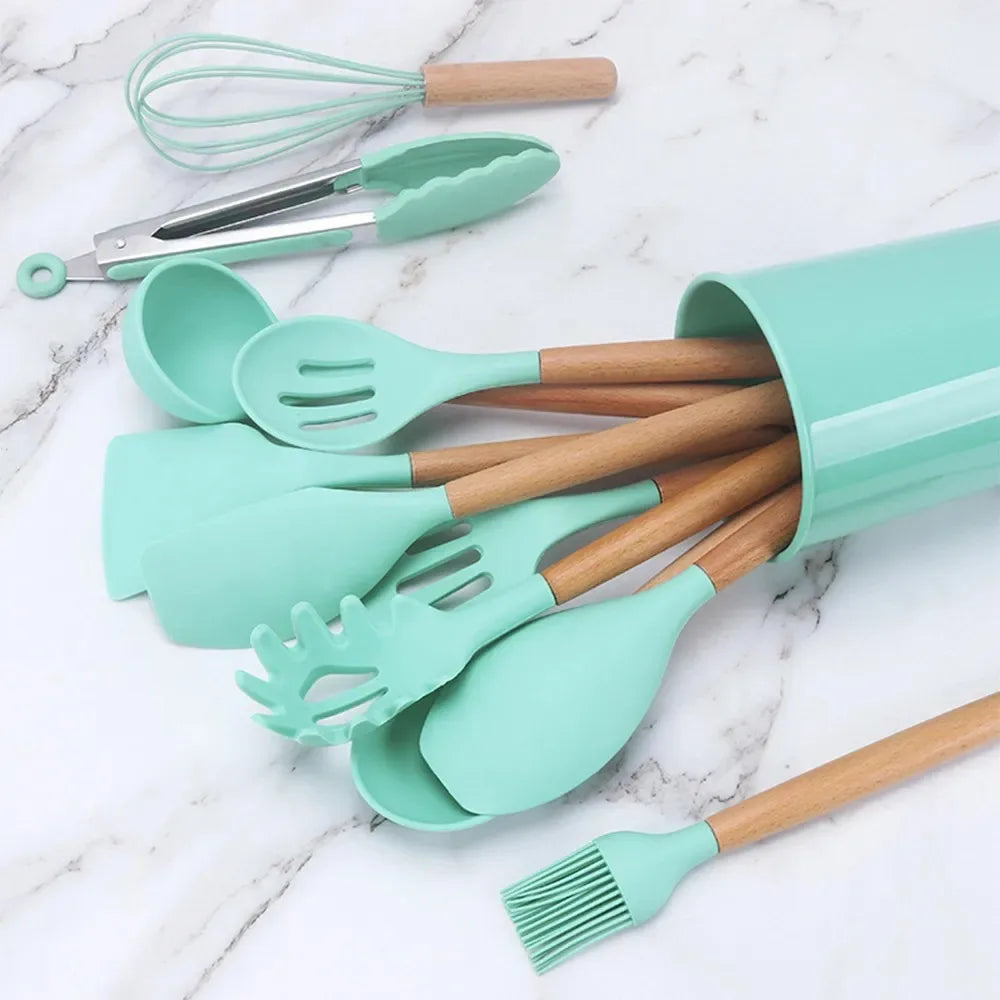 Kitchen Utensil Set Silicone Handle Wooden Non-Stick High Temperature 12 Piece Kit With Holder Spoon Spatula Picker Ladle Fue Brush Skimmer Anti-scratch Cup Cutlery CLAYMORE (Green)