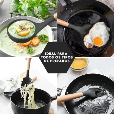 Kitchen Utensil Set Silicone Handle Wooden Non-Stick High Temperature 12 Piece Kit With Holder Spoon Spatula Picker Ladle Fue Brush Skimmer Anti-scratch Cup Cutlery CLAYMORE (Green)
