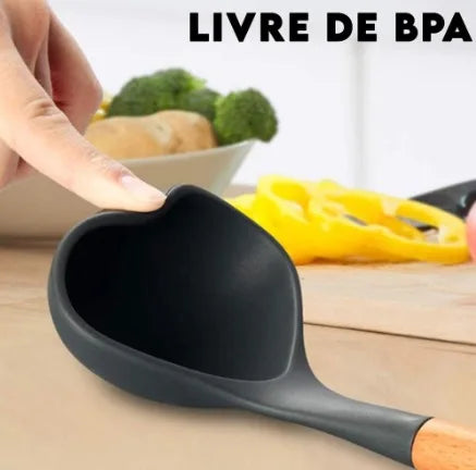 Kitchen Utensil Set Silicone Handle Wooden Non-Stick High Temperature 12 Piece Kit With Holder Spoon Spatula Picker Ladle Fue Brush Skimmer Anti-scratch Cup Cutlery CLAYMORE (Green)