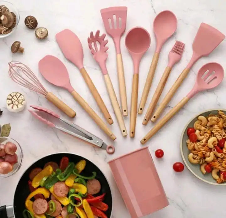 Kitchen Utensil Set Silicone Handle Wooden Non-Stick High Temperature 12 Piece Kit With Holder Spoon Spatula Picker Ladle Fue Brush Skimmer Anti-scratch Cup Cutlery CLAYMORE (Green)