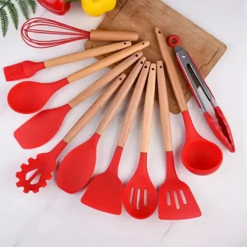 Kitchen Utensil Set Silicone Handle Wooden Non-Stick High Temperature 12 Piece Kit With Holder Spoon Spatula Picker Ladle Fue Brush Skimmer Anti-scratch Cup Cutlery CLAYMORE (Green)