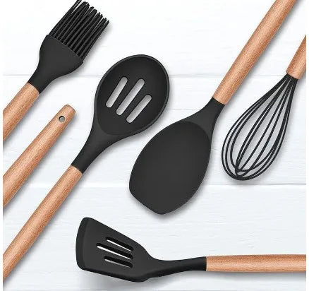 Kitchen Utensil Set Silicone Handle Wooden Non-Stick High Temperature 12 Piece Kit With Holder Spoon Spatula Picker Ladle Fue Brush Skimmer Anti-scratch Cup Cutlery CLAYMORE (Green)